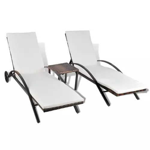 Set 2 sezlonguri de plaja vidaXL, cu roti, si masa, Ratan, 200 x 65 x 37 cm, Maro