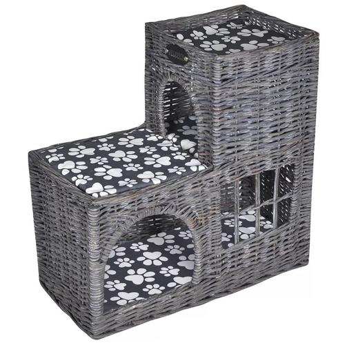 Culcus pentru pisici, tip castel, vidaXL, Salcie impletita, Gri, 55 x 27 x 53 cm