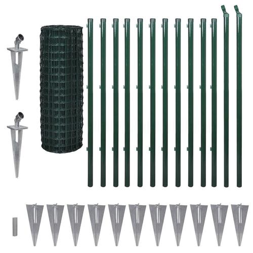Set de gard de plasa si tarusi, vidaXL, Otel acoperit cu PVC, 25 x 1.2 m, 100 x 100 mm, Verde