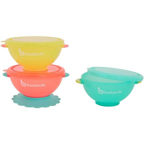 Set 3 boluri colorate pentru mancare Badabulle, Suport inclus (Multicolor)