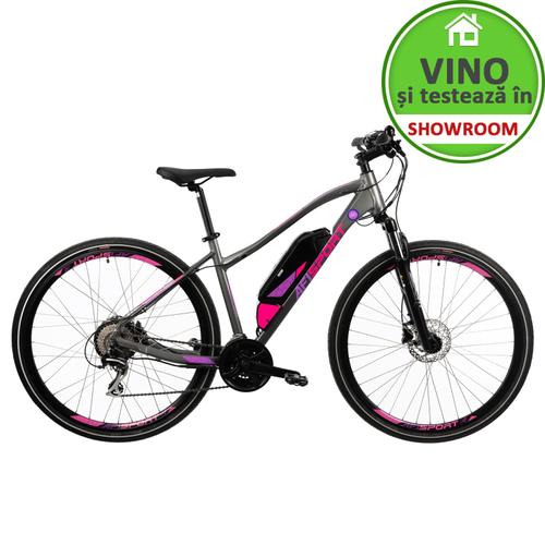 Bicicleta Electrica Afisport C17, M-L, Roti 28inch, Motor 250W, Autonomie 60 Km, Frane Hidraulice pe disc (Gri/Mov)