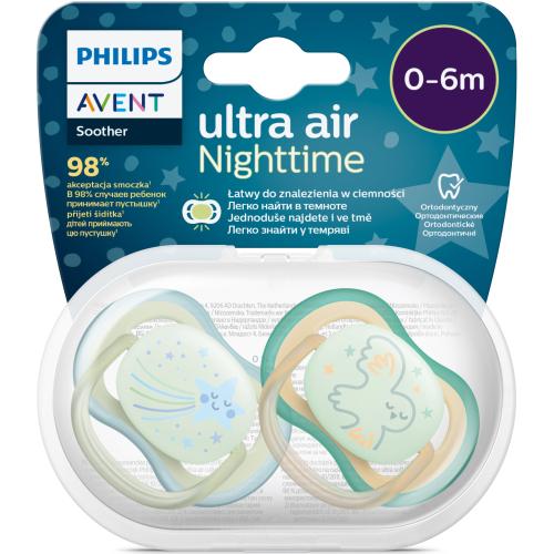 Poze Set 2 suzete Philips-Avent SCF376/18, ultra air NightTime 0-6 luni, Ortodontice, fara BPA, Fosforescent, Pasare/Stea
