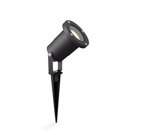 Spot LED pentru exterior cu spike Philips Puled Spike, 1xGU10, 5W (50W), 395 lm, lumina calda (2700K), IP44, 97x97x105mm, Negru