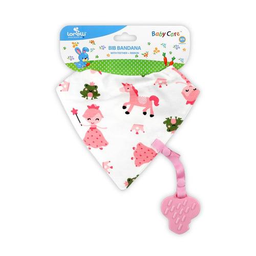 Poze Baveta tip bandana Lorelli, cu snur si jucarie dentitie, bumbac, Girl, Roz