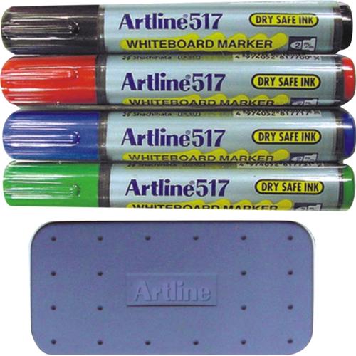 Kit markere tabla de scris+burete magnetic+ 25ml lichid curatare, ARTLINE 517, 4 culori/set
